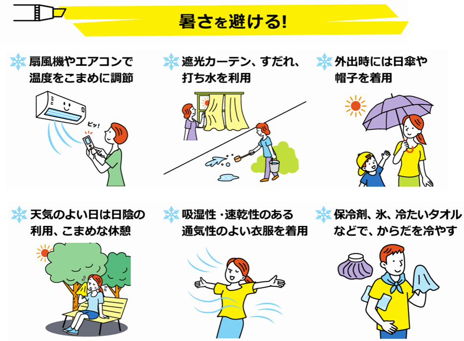 厚生労働省のリーフレットから引用しています。熱中症予防「暑さを避ける！」_扇風機やエアコン_遮光カーテン、すだれ、打ち水_日傘や帽子_日陰やこまめな休憩_通気性のよい衣服_保冷剤、氷、冷たいタオル_JMLA：日本マーケティング・リテラシー協会