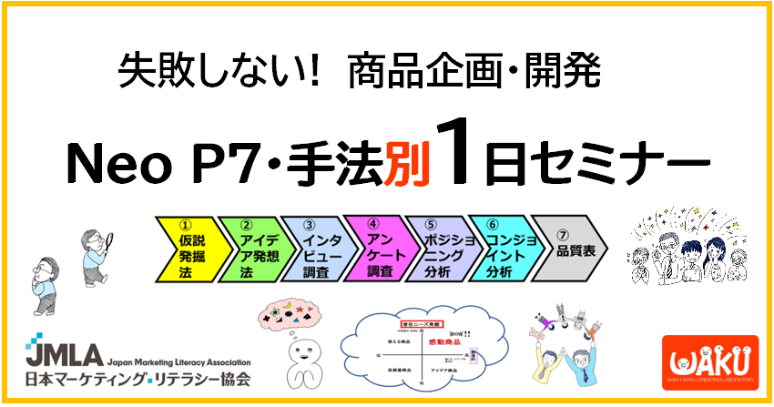 システマティックな商品開発法NeoP7を手法別に１日で学べるセミナーです。日本マーケティング・リテラシー協会（JMLA）主催セミナー_苦手な手法だけ学ぶことができます。